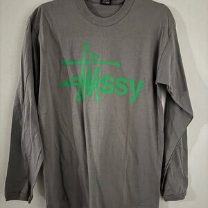 Stussy Long Sleeve Shirt in Gray with Green Logo